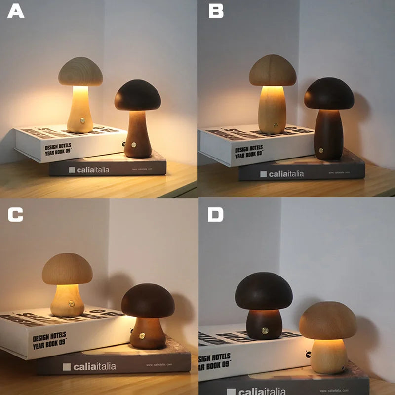 Wooden Mushrooms Night Light Touch Switch Bedroom Bedside Table Lamp Walnut Beech Wood Warm Dimmable Desk Light USB Chargeable